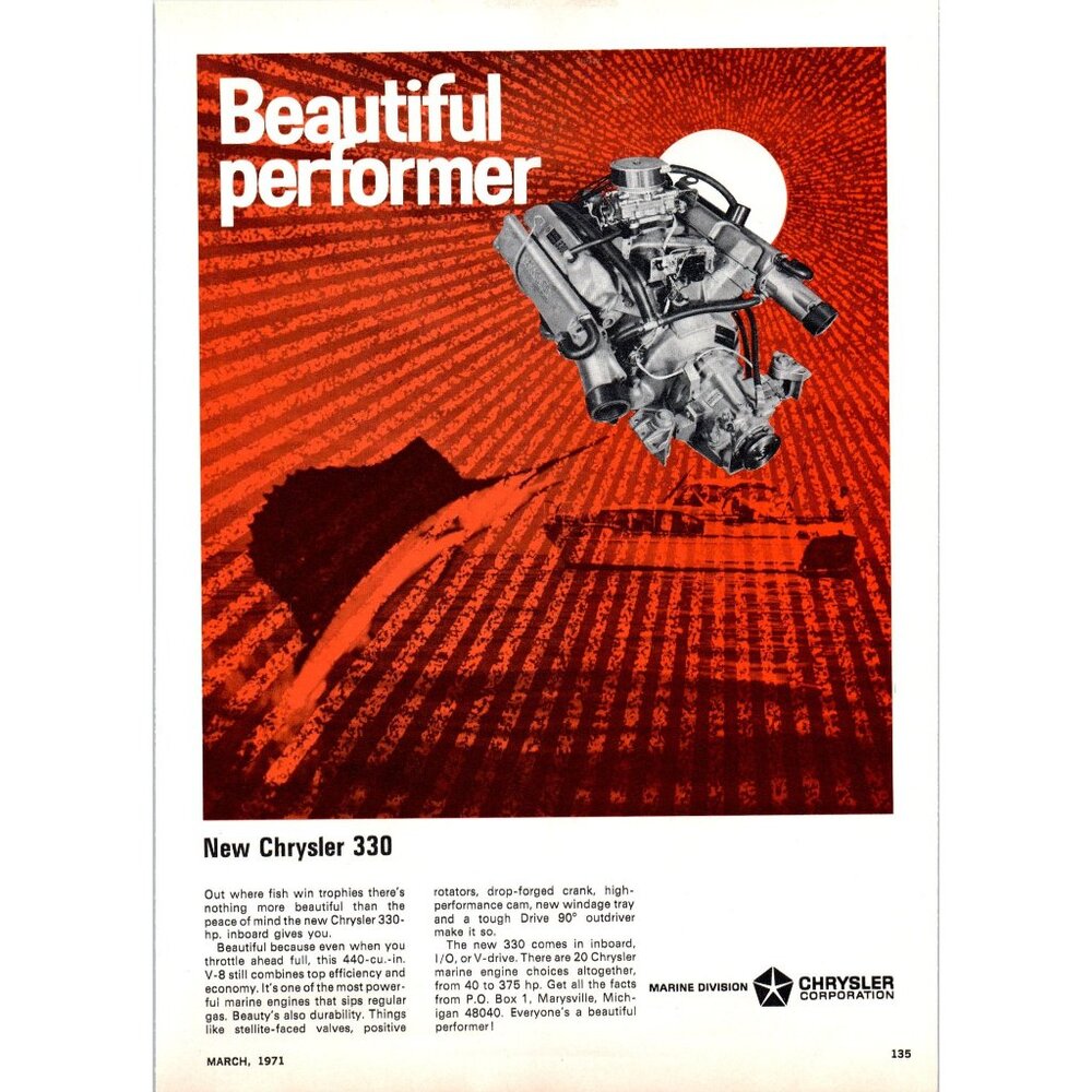 1971 Chrysler Marine 330 Inboard Motor Vintage Print Ad Marlin Jumping Wall Art